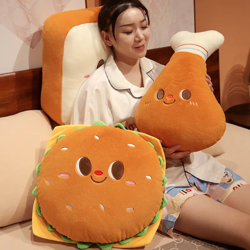 Fried Chicken Burger Plush Pillow – Kawaii Food Plush Toy