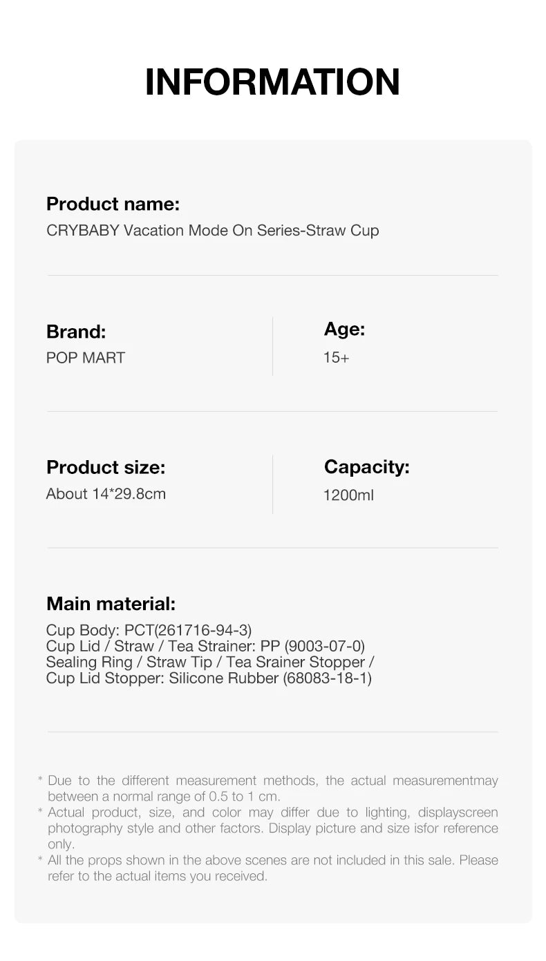 POP MART CRYBABY Vacation Mode On Straw Cup