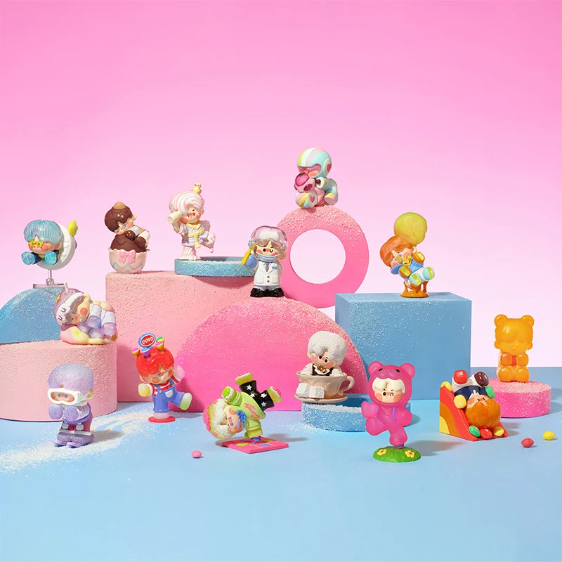 Colorful toy figures on a pink and blue platform with a pink background