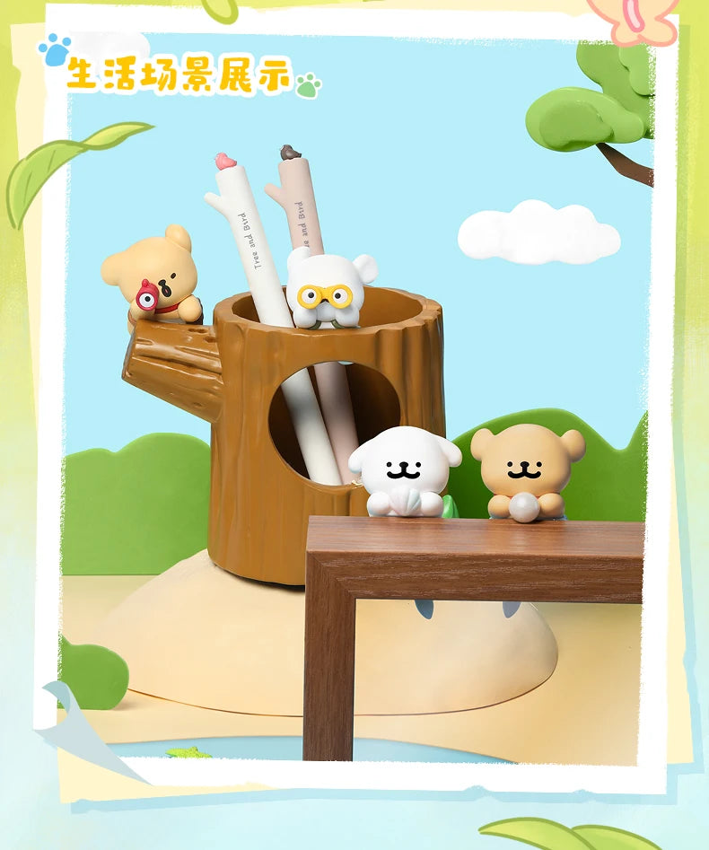 Cute animal-themed pen holder with plush toys on a cartoon-style background