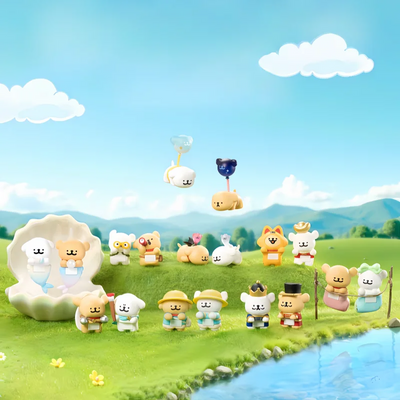 Animated characters in various poses on a grassy field with mountains and clouds in the background.