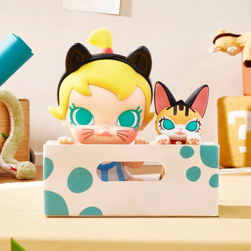 POP MART Baby Molly figure with cat ears hat and toy box from Baby Molly & Baby Tabby blind box series
