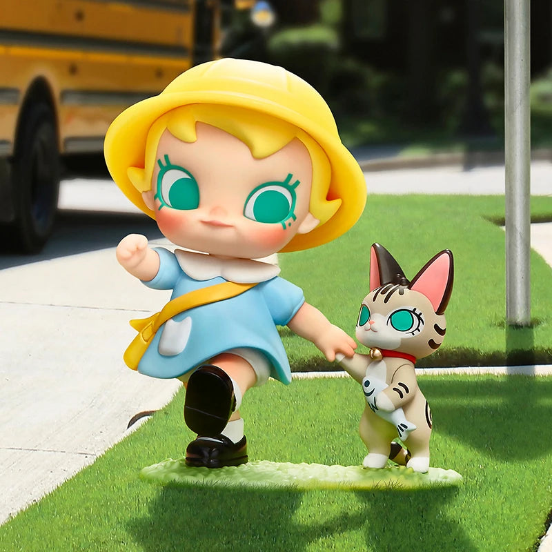 POP MART Baby Molly figure walking Baby Tabby cat outdoors from Baby Molly & Baby Tabby series
