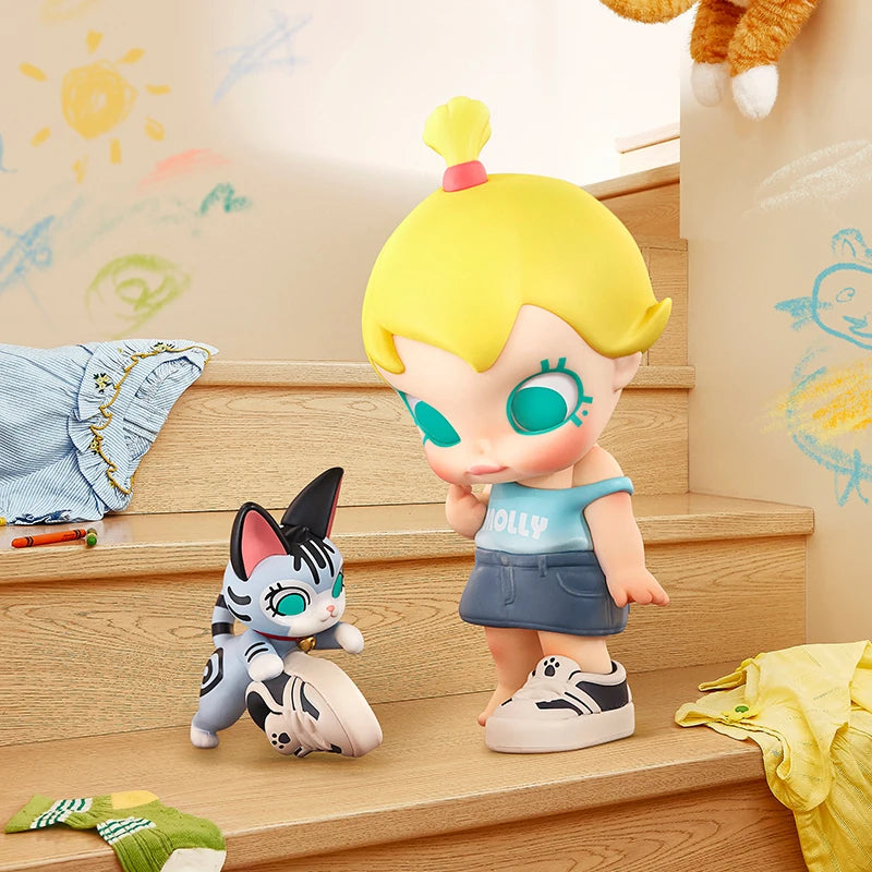 POP MART Baby Molly figure with yellow ponytail and Baby Tabby dog from blind box series